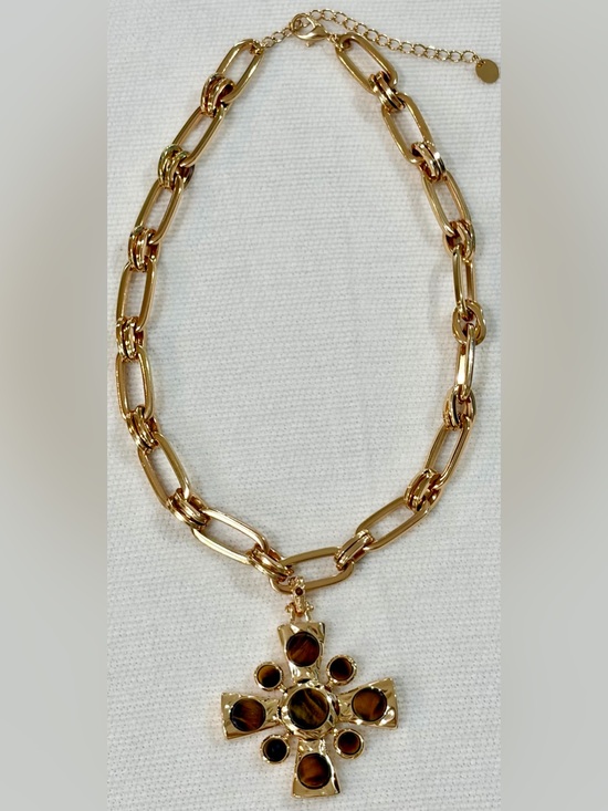 unbranded Jewelry - NEW Original Gold Toned Link Necklace w/ Tiger Eye Pendant 17” + 3” extender